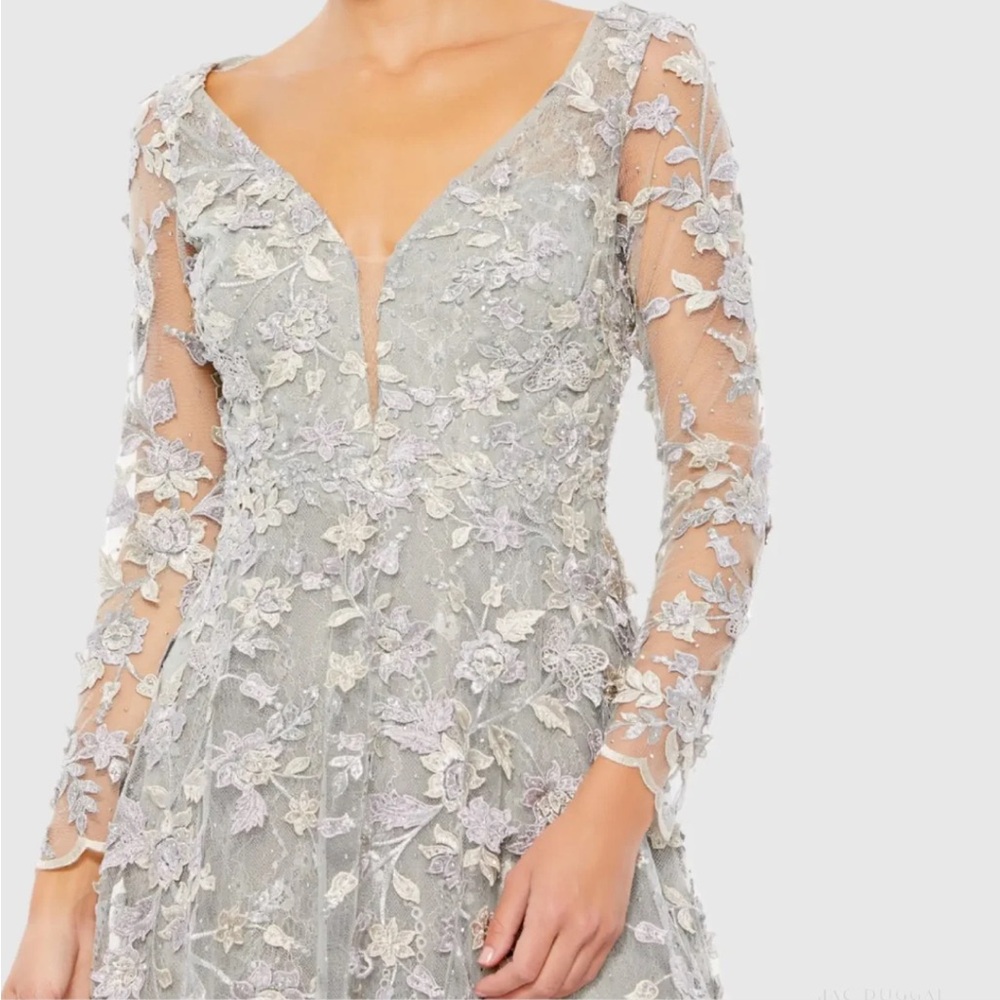 Mac Duggal Silver Floral Embroidered Gown